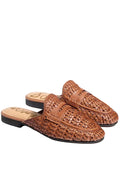 Pair of brown woven loafers on a light gray background