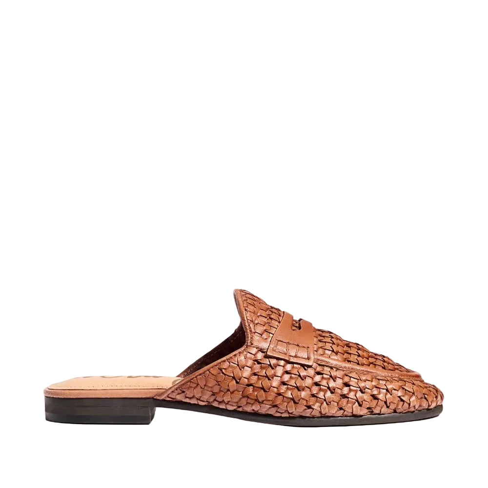 Brown woven slipper on a light gray background