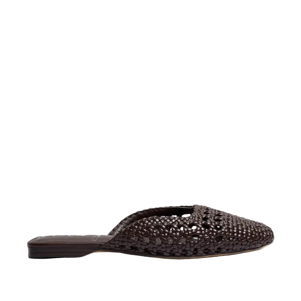 A dark brown woven leather mule sandal with a pointed toe, shown in a side profile against a plain white background.