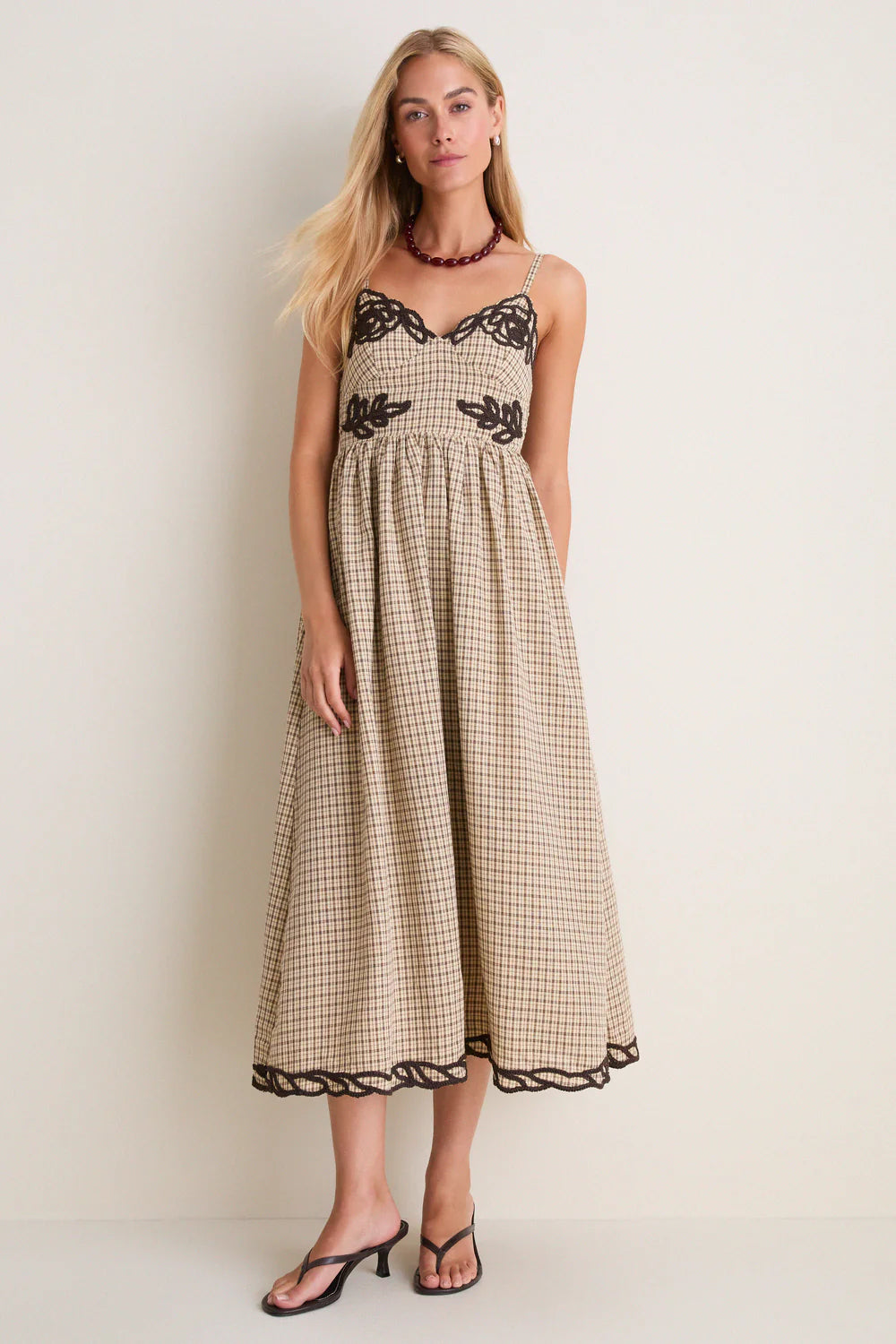 Moon River Brown Multi Embroidered Plaid Midi Dress