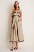 Moon River Brown Multi Embroidered Plaid Midi Dress