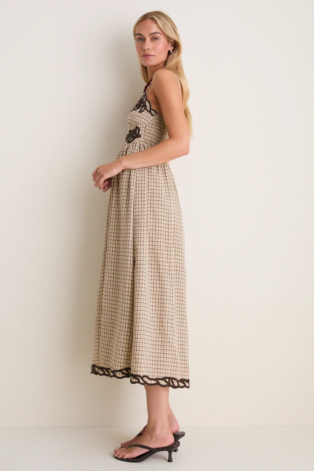 Moon River Brown Multi Embroidered Plaid Midi Dress
