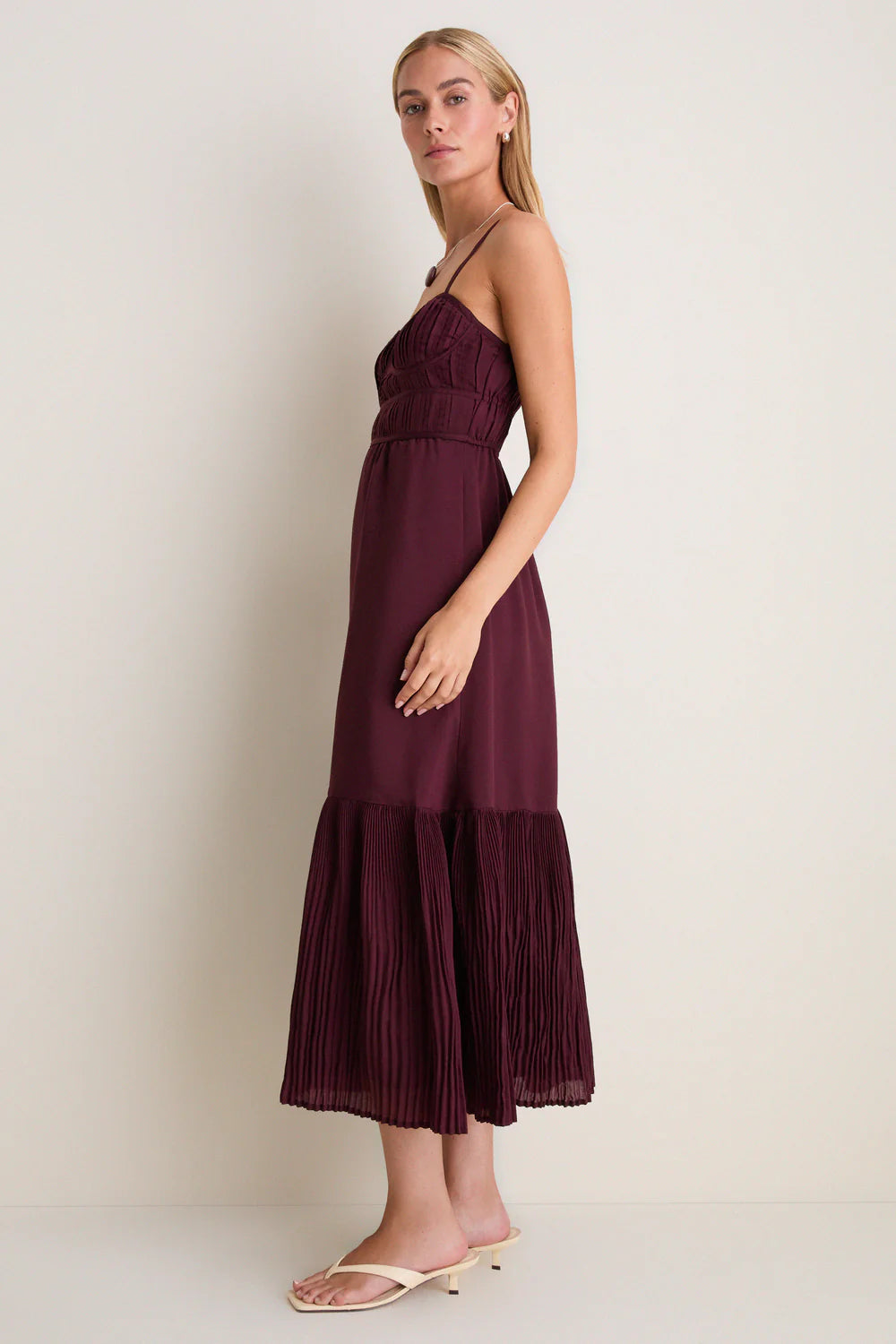 Moon River Wine Pleated Strapless Midi Dress