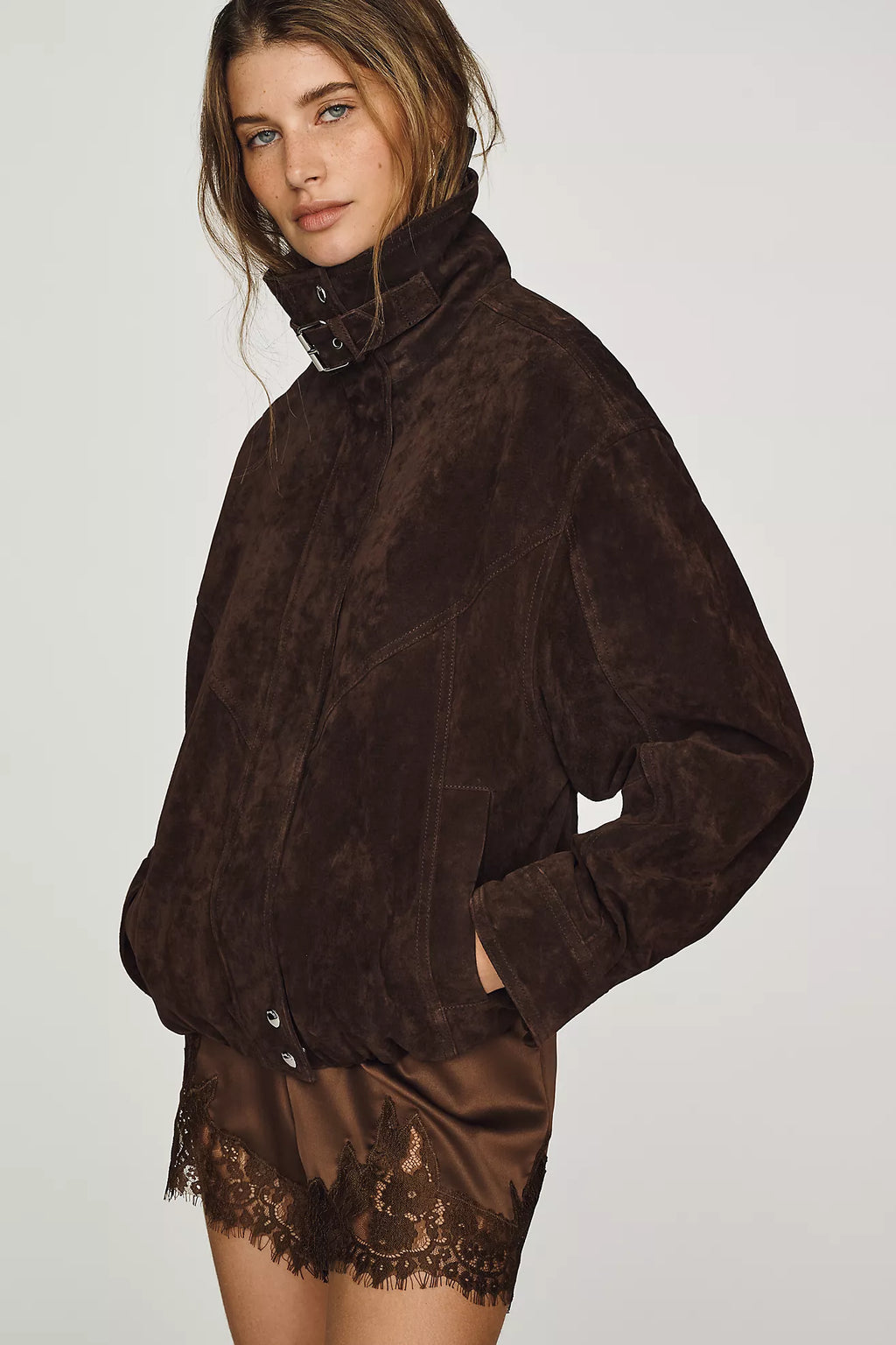 BLANKNYC Funnel-Neck Suede Jacket