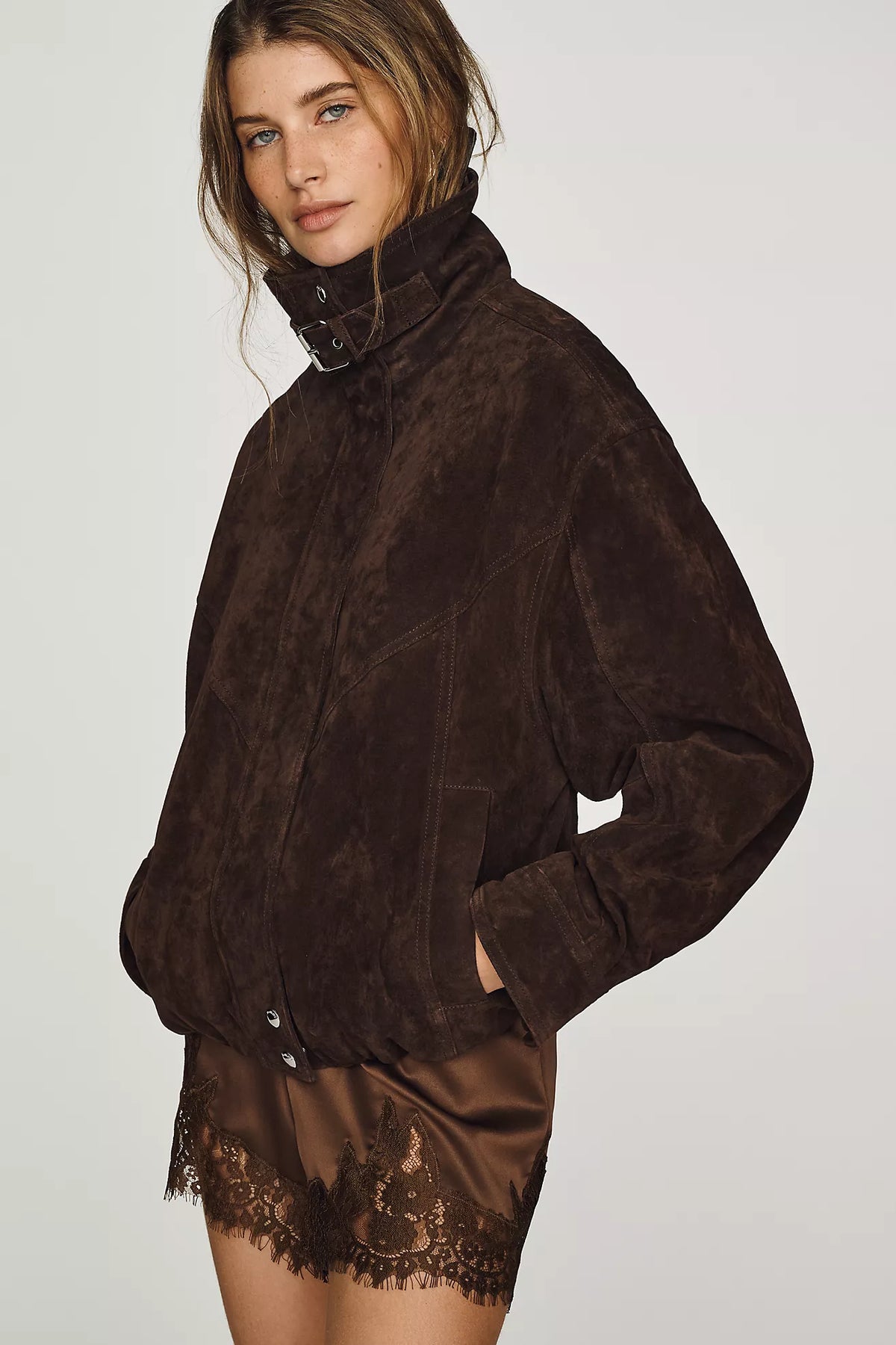 BLANKNYC Funnel-Neck Suede Jacket