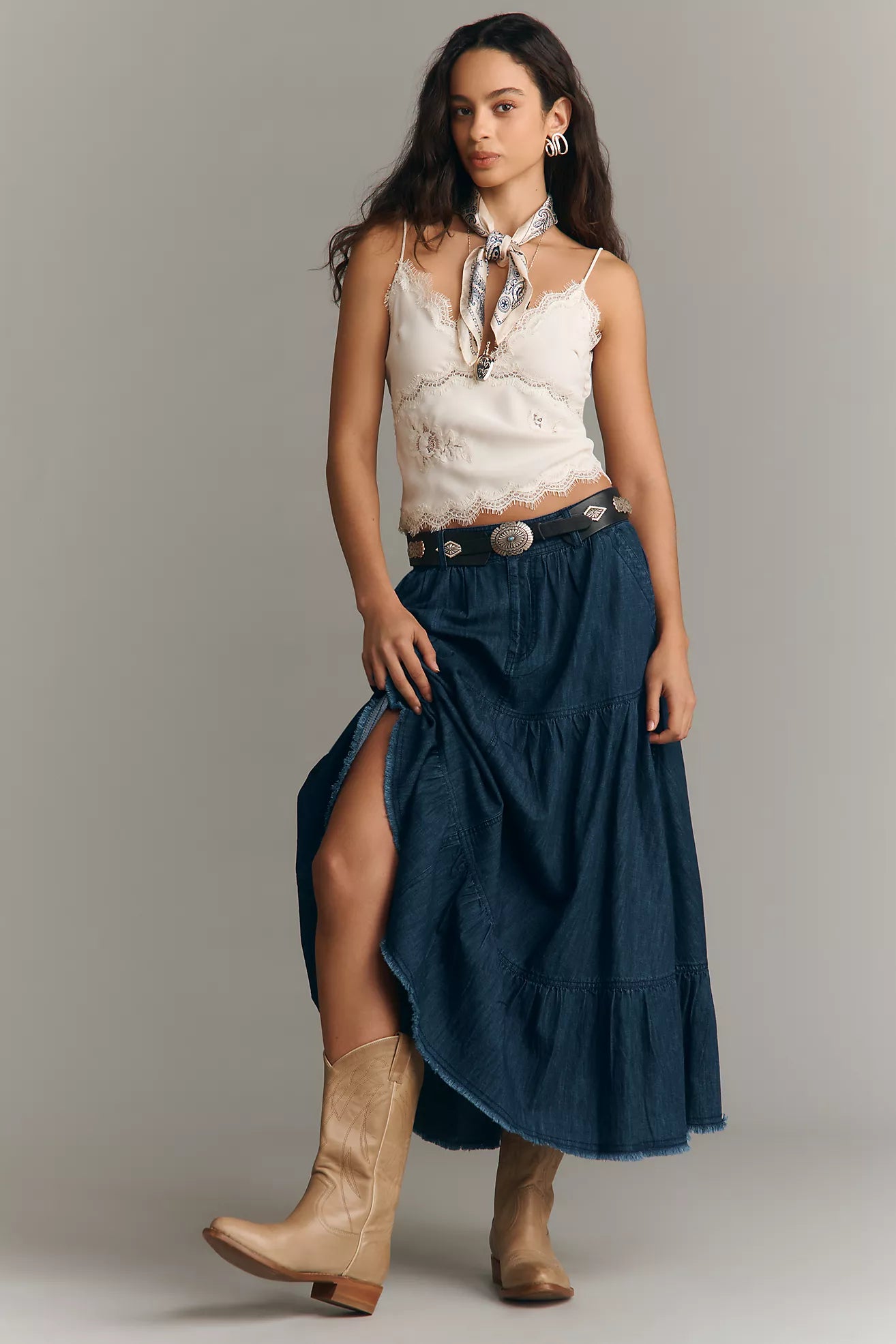 Pilcro 100% Cotton Denim Tiered Midi Skirt
