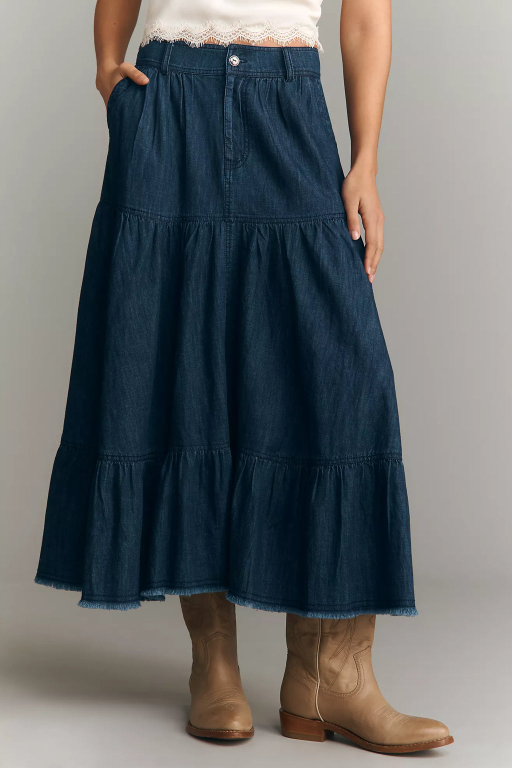 Pilcro 100% Cotton Denim Tiered Midi Skirt