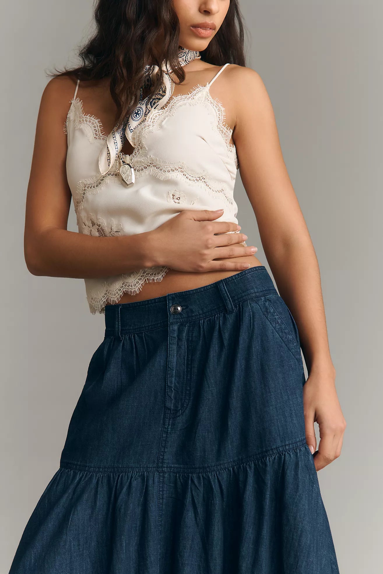 Pilcro 100% Cotton Denim Tiered Midi Skirt