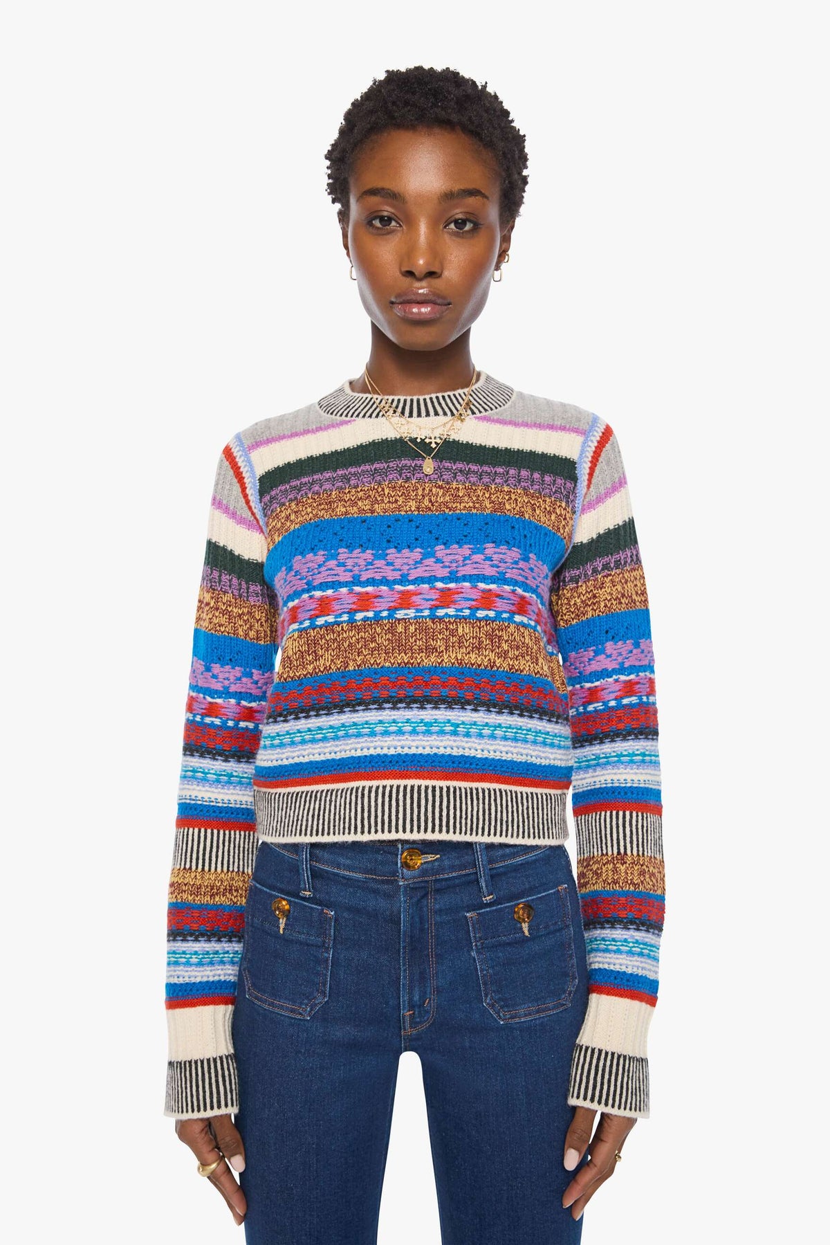 MOTHER The Extra Crop Jumper — Red Ivory Blue Multi Stripe