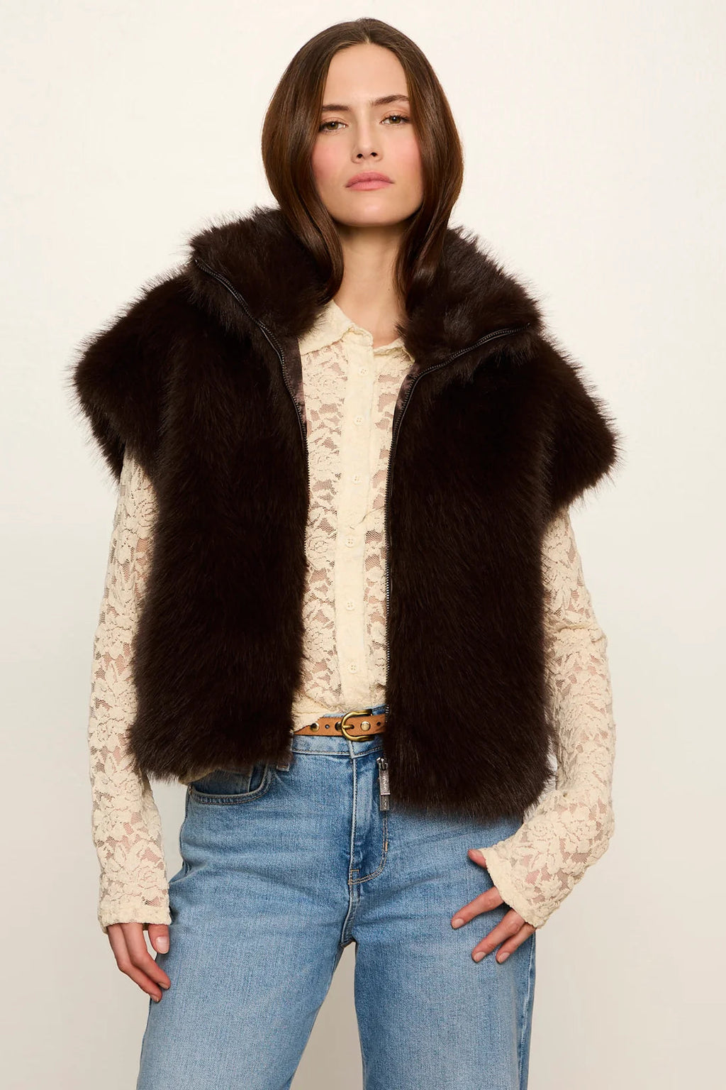 Sanctuary Silky Fur Vest — Espresso Martini