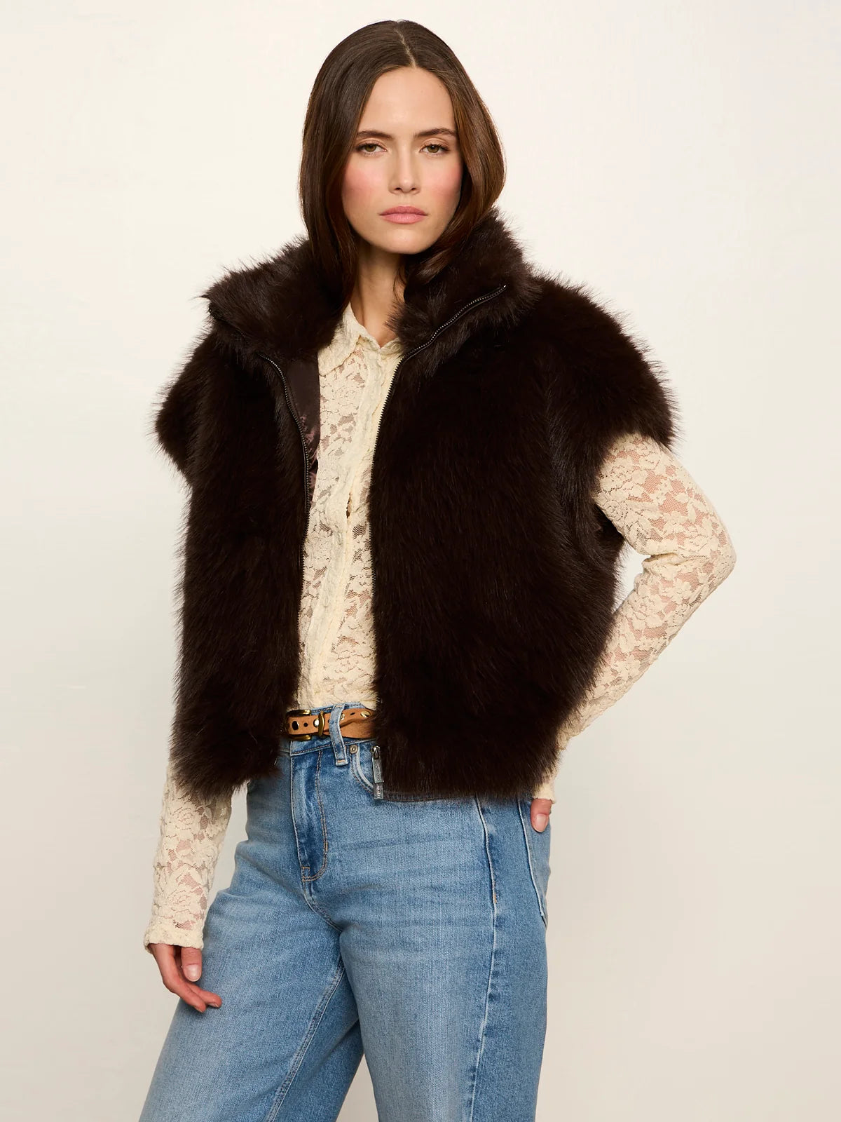 Sanctuary Silky Fur Vest — Espresso Martini