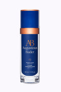 Blue skincare bottle with gold accents on a white background