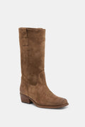 Brown knee-high boot on a white background