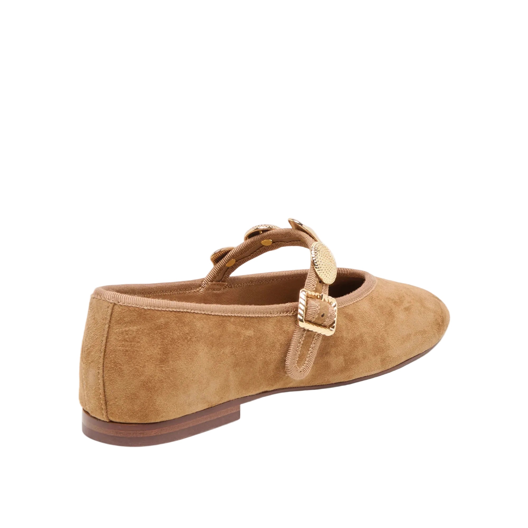 Brown suede flat shoe with a gold buckle on a light gray background