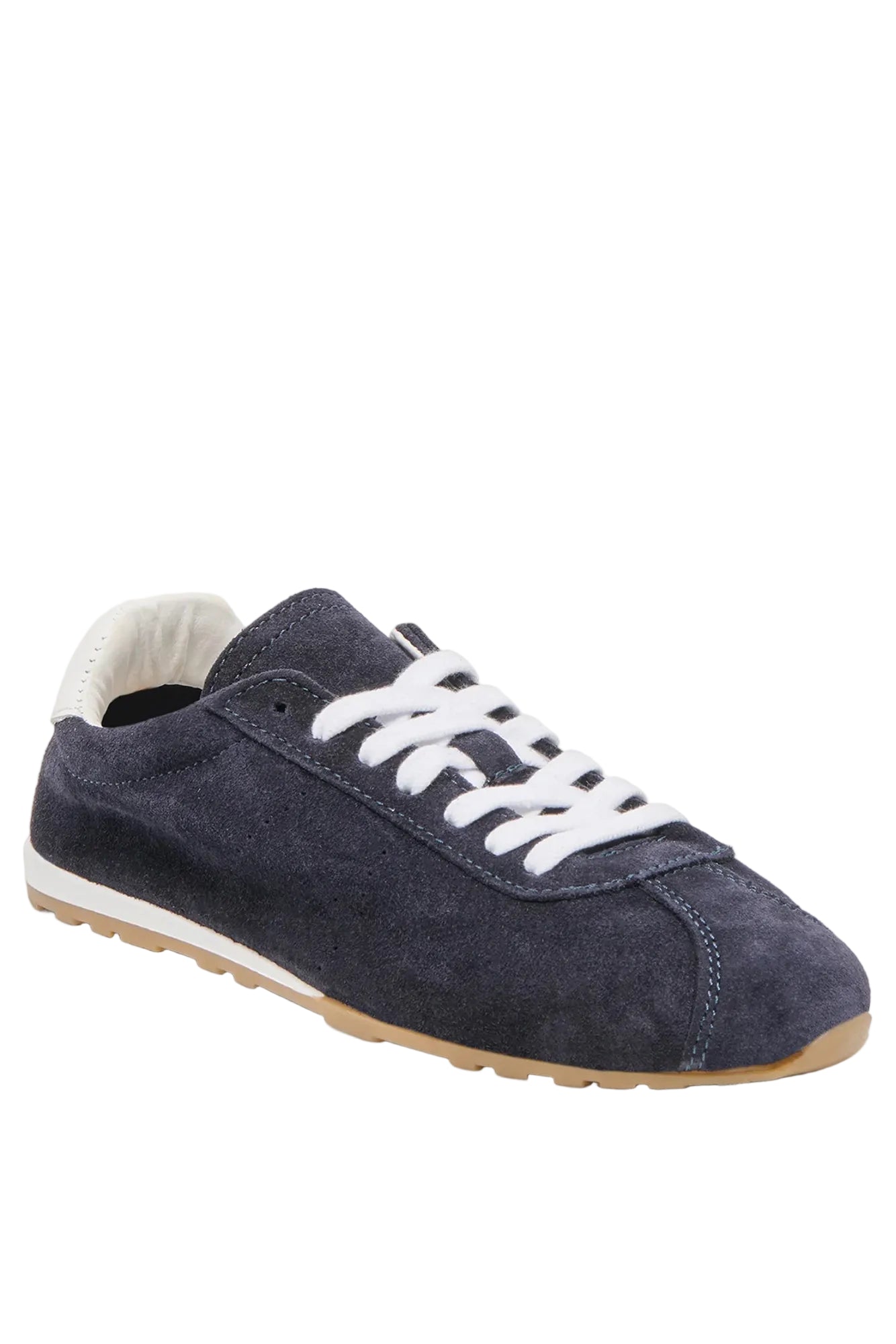 Navy blue sneaker with white laces on a light gray background