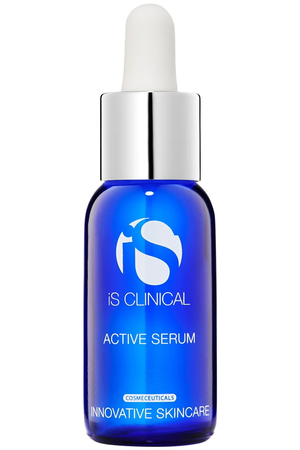 A blue glass dropper bottle of iS Clinical Active Serum with a silver collar and white dropper top, on a plain white background.