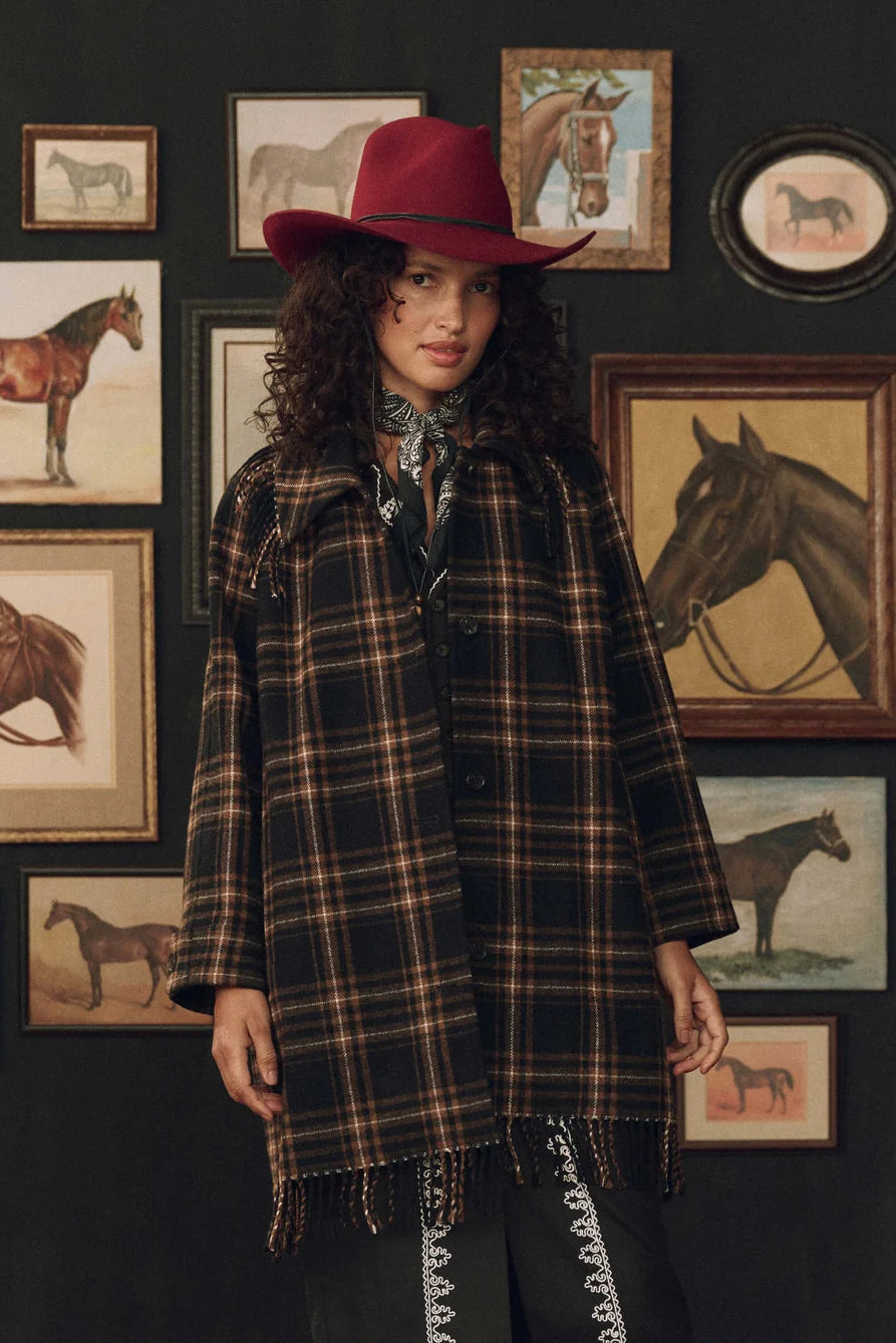 The Great. The Fringe Coat — Caramel & Black Frontier Plaid