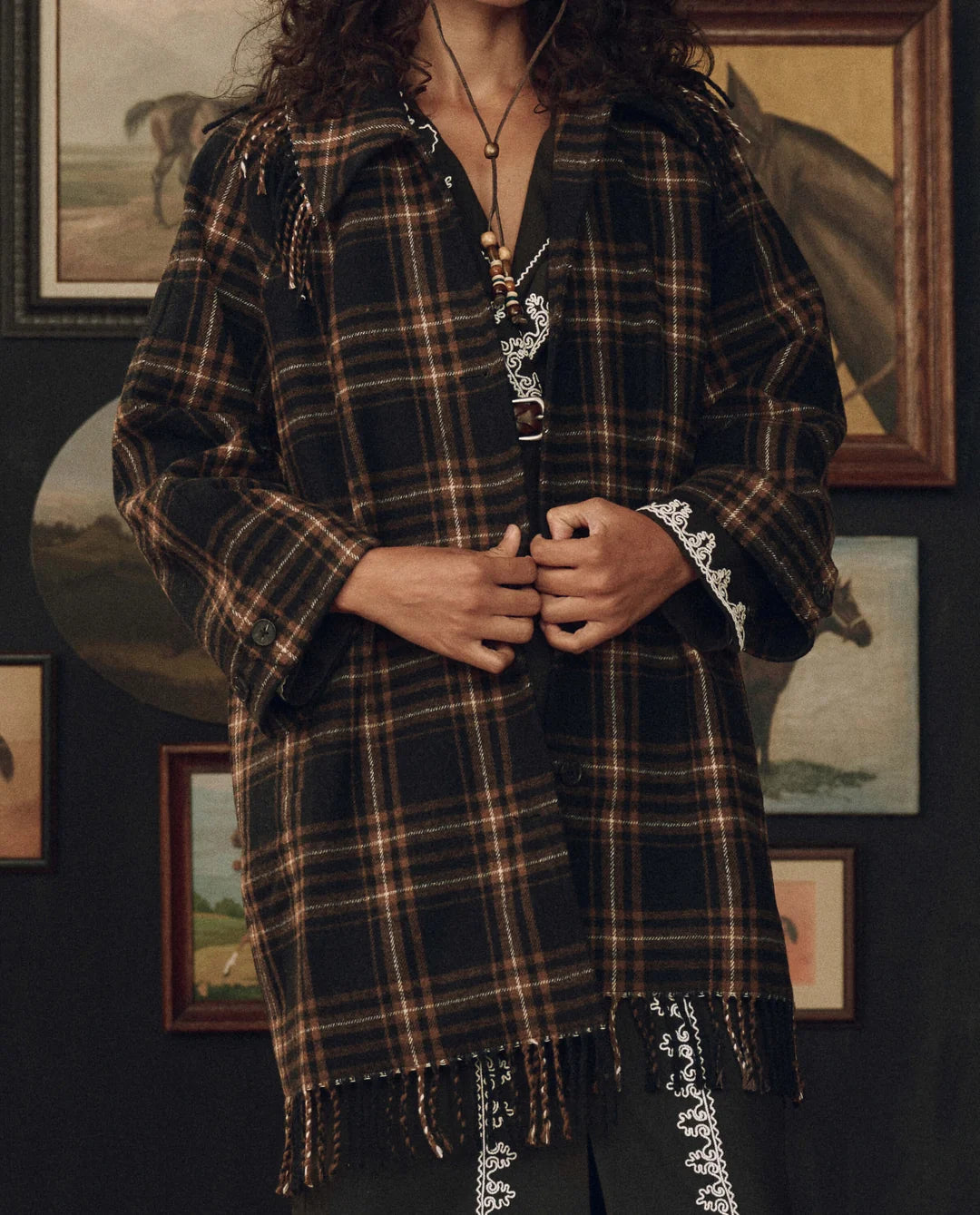 The Great. The Fringe Coat — Caramel & Black Frontier Plaid
