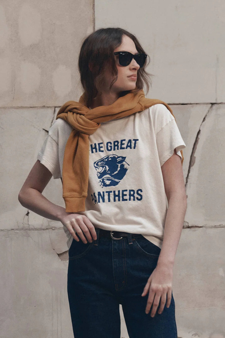 The GREAT. The Boxy Crew with Growling Panther Graphic — Washed White