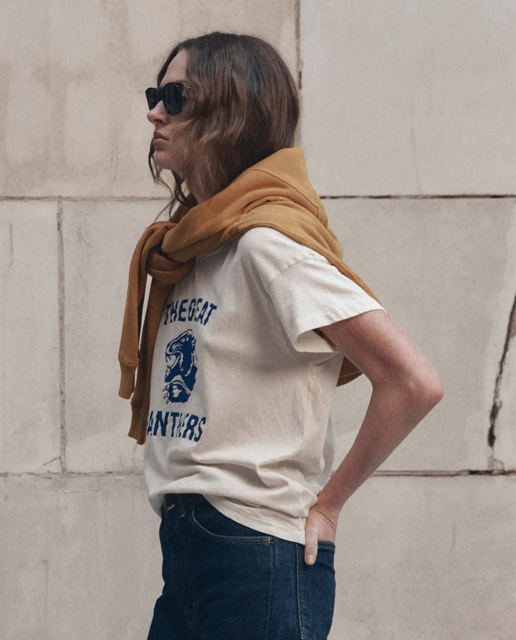 The GREAT. The Boxy Crew with Growling Panther Graphic — Washed White