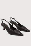 A pair of dark brown woven leather slingback pumps with pointed toes and kitten heels, displayed on a light gray background.